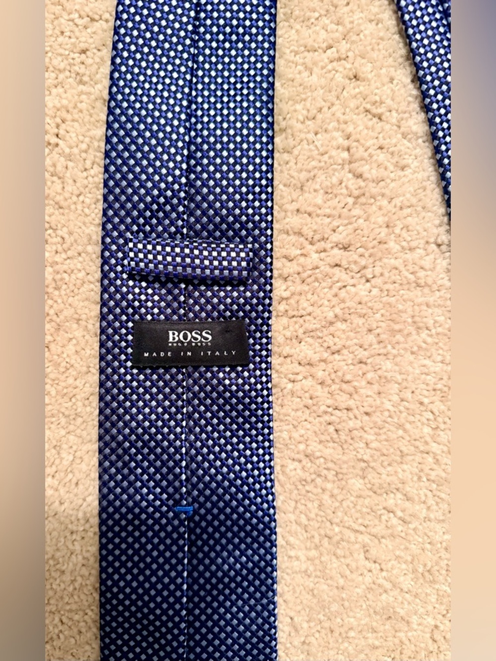 BOSS Italy Blue-Black-White Jacquard-Woven Geometric 100% Silk Men’s Necktie - Picture 9 of 11